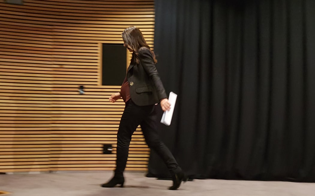 Prime Minister Jacinda Ardern leaves her last post cab press conference before she gives birth.