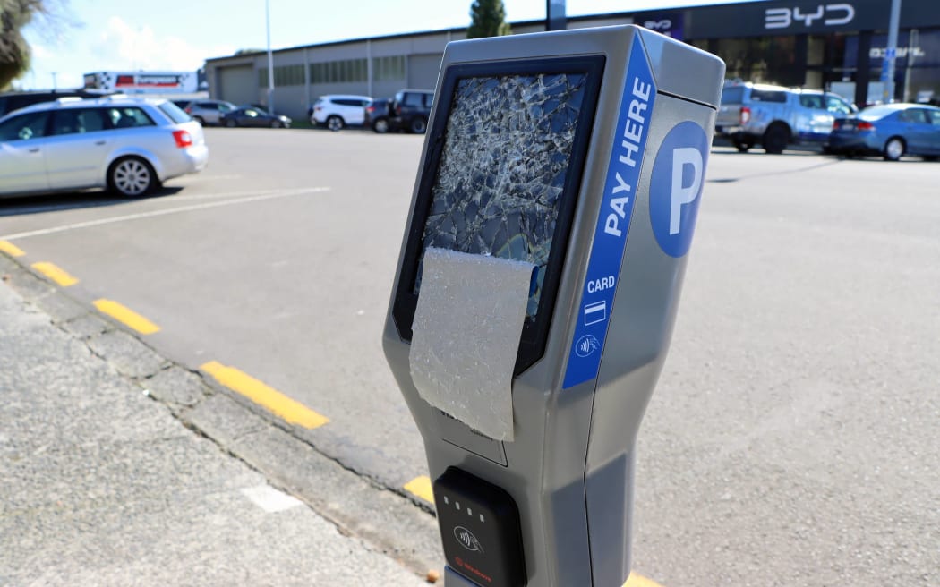 One of four Tauranga City Council parking machines that has been vandalised, shortly before the expansion of paid parking in the city, which applies from 18 August, 2025.