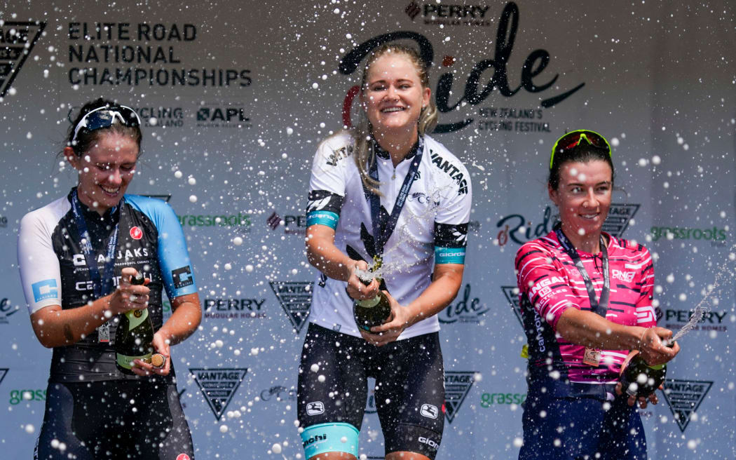 Georgia Williams (centre) on the podium after winning the elite women's title at the Road Cycling Nationals, Cambridge,  New Zealand, Sunday 14 February 2021.