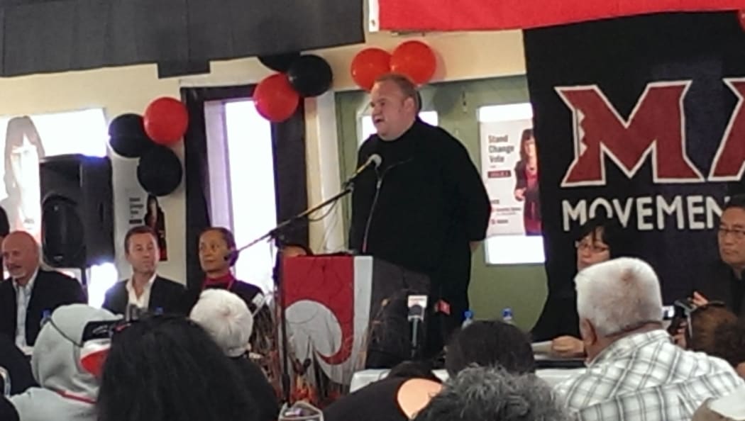 Kim Dotcom addresses Mana party members in Rotorua.
