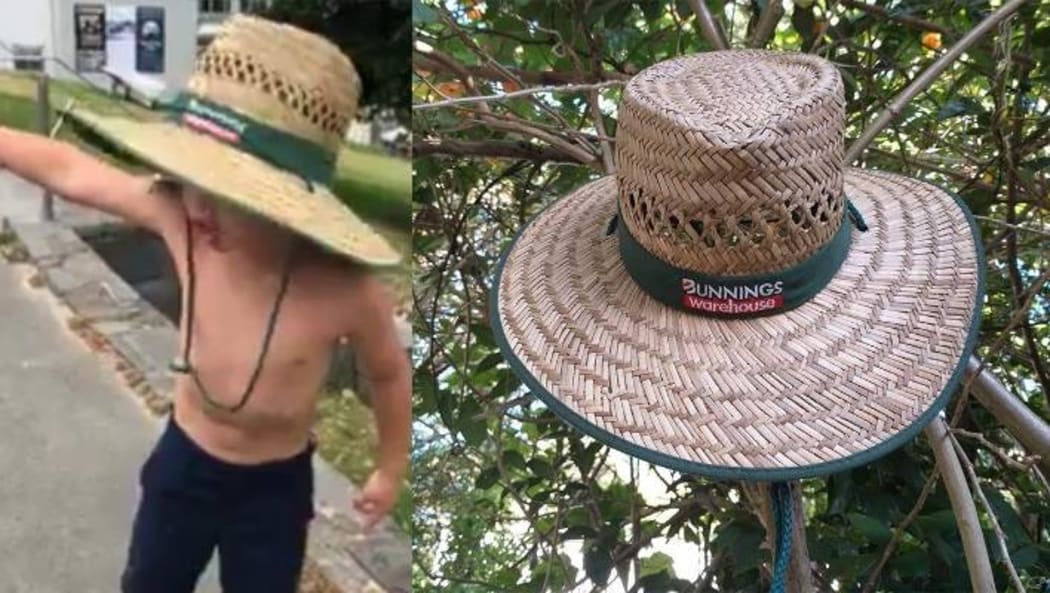 A boy wearing a hat, and then a similar-looking hat in the tree.