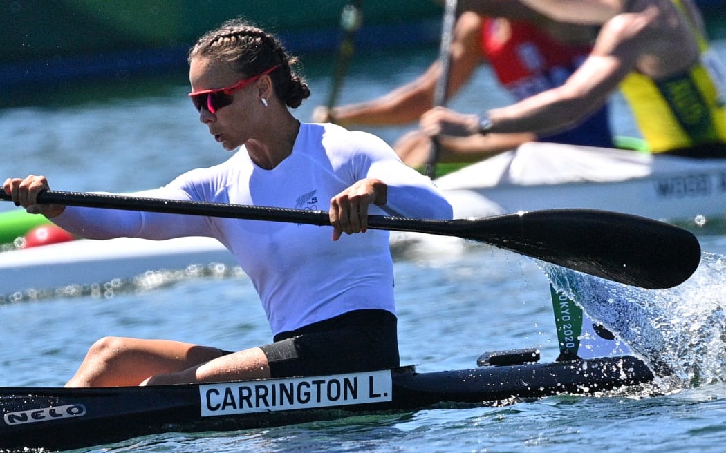 New Zealand's Lisa Carrington competes in a semi-final of the women's kayak single 500m event during the Tokyo 2020 Olympic Games at Sea Forest Waterway in Tokyo on August 5, 2021. (Photo by Philip FONG / AFP)