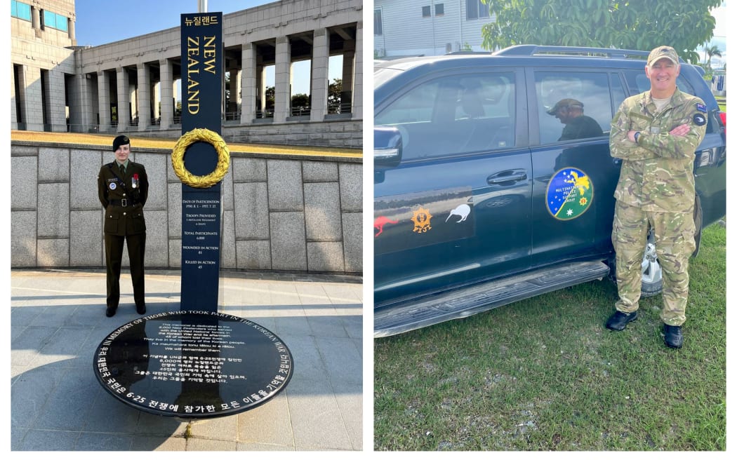 New Zealand Defence Force personnel Captain H. (her military designation) (L), and Major Gareth Collings (R), will be spending Christmas Day 2022 in South Korea and Solomon Islands, respectively.