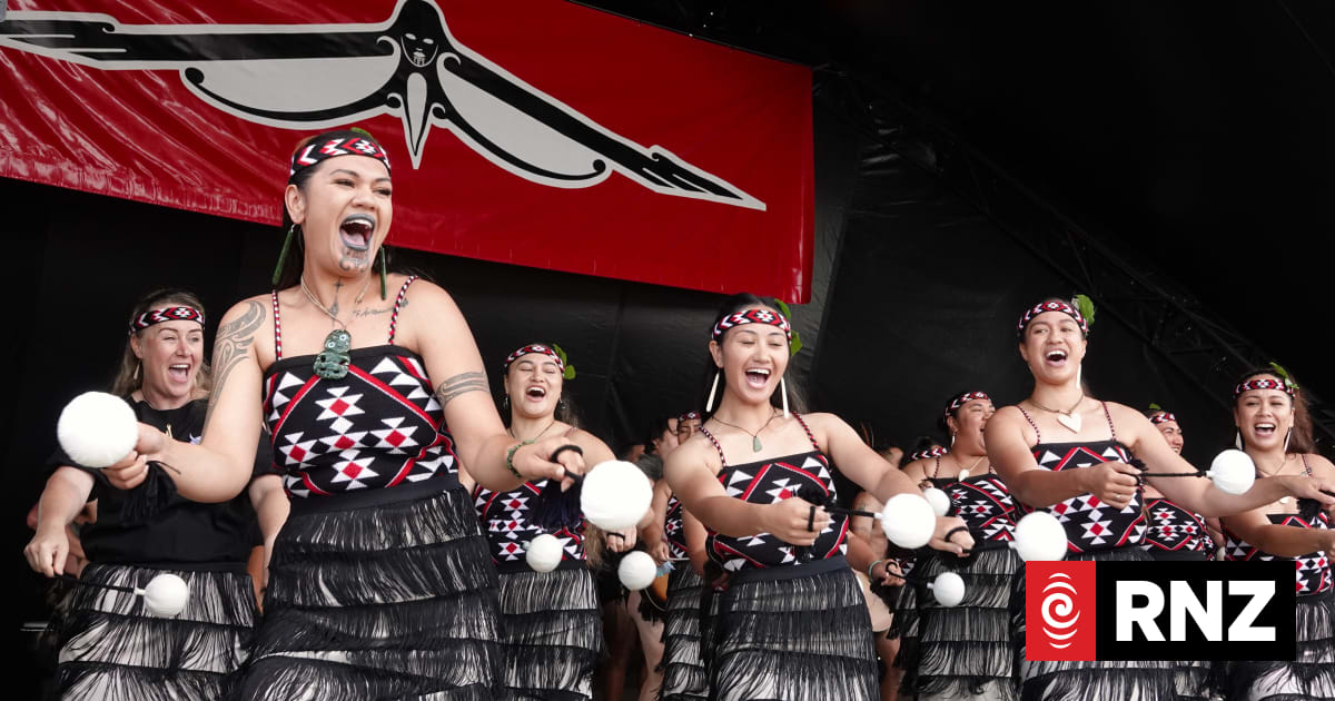 A group of women in matching costumes performing on a stage.