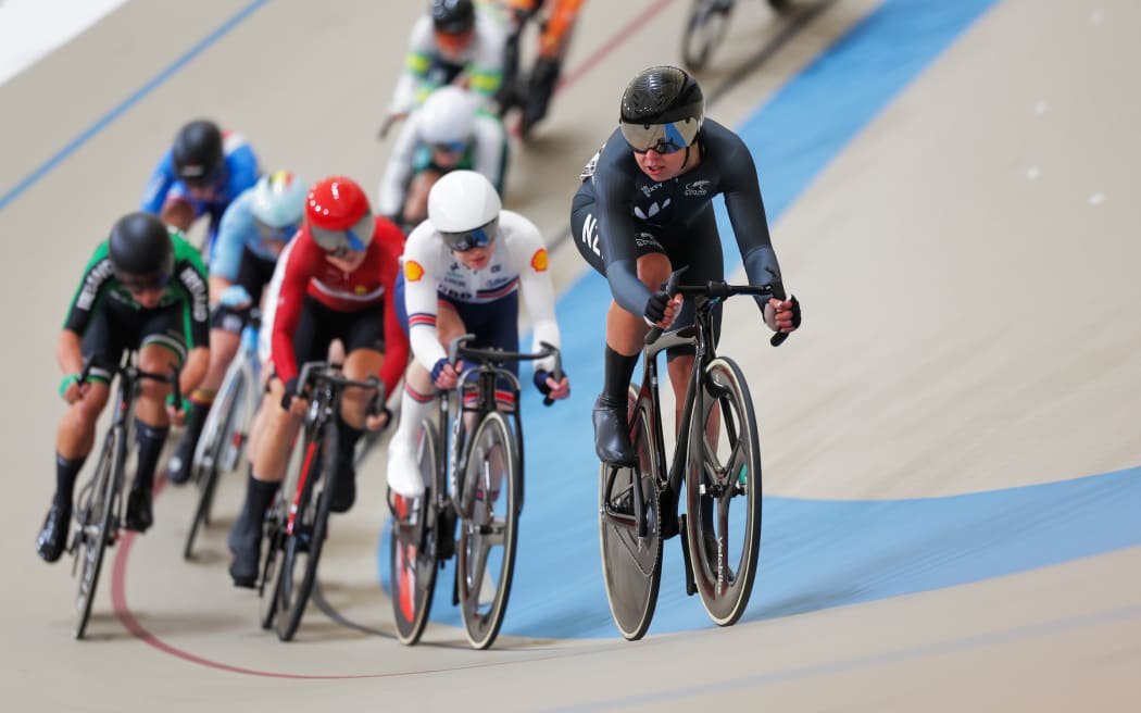 New Zealand's Bryony Botha leading the women's points race at the track cycling world championships.