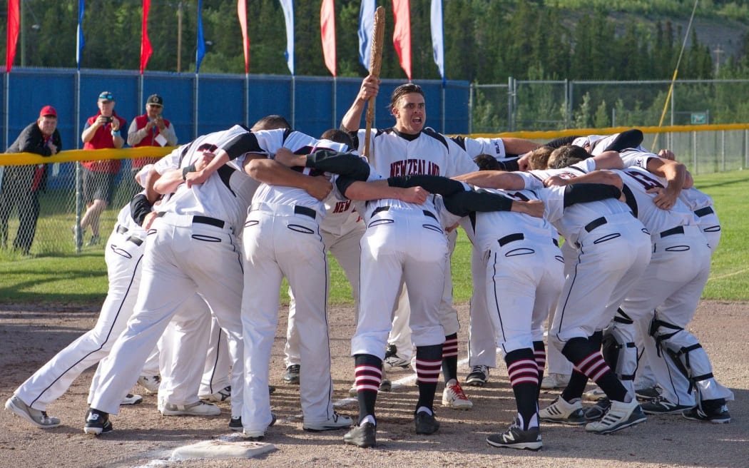 Black Sox haka at the softball world champs in Whitehorse, Canada.