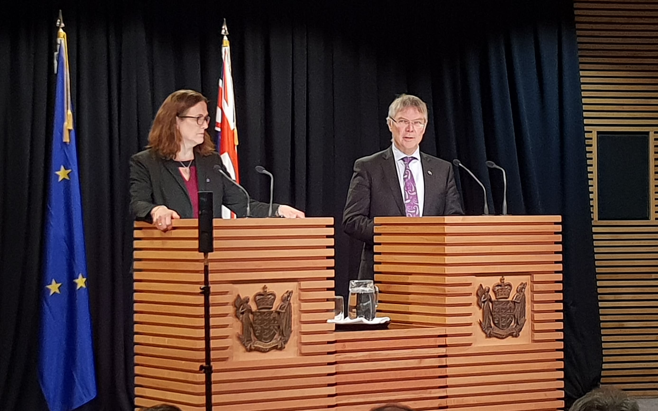 EU Commissioner for Trade Cecilia Malmström and Trade Minister David Parker at the EU Trade negotiations press conference.