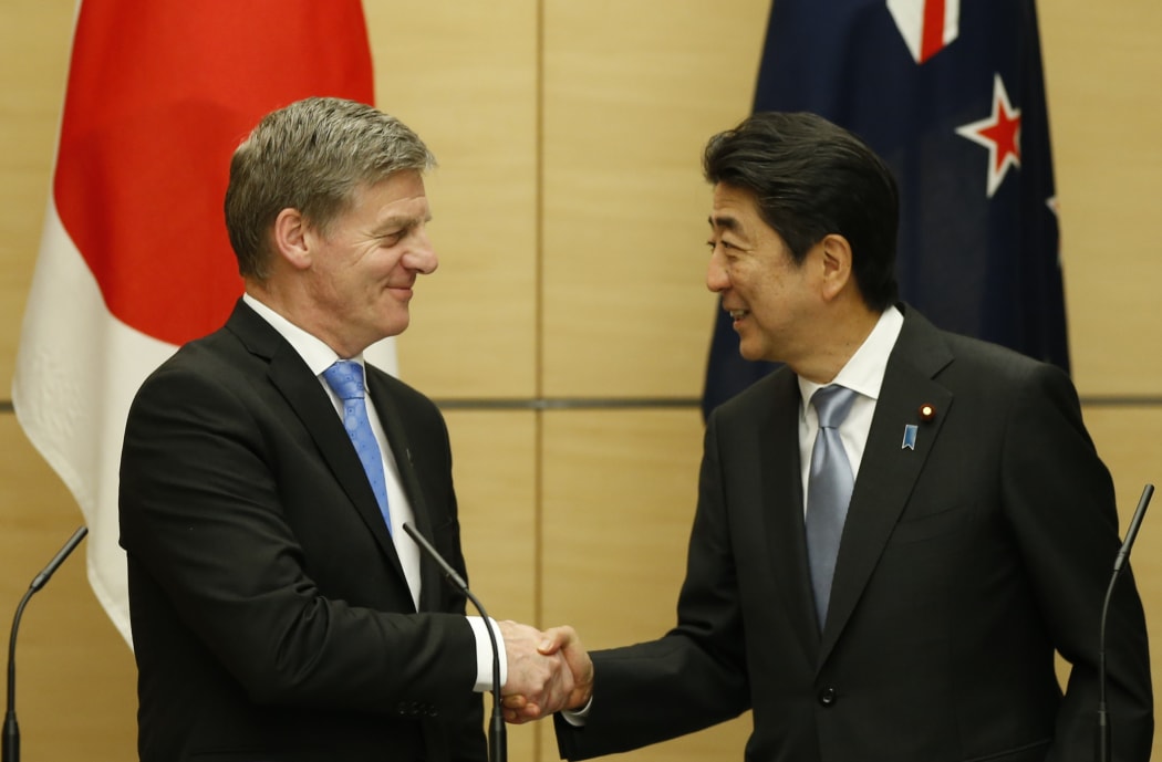 Prime Minister Bill English, left, with Japan's Prime Minister Shinzo Abe during a joint news conference at Mr Abe's official residence in Tokyo on Wednedsay.
