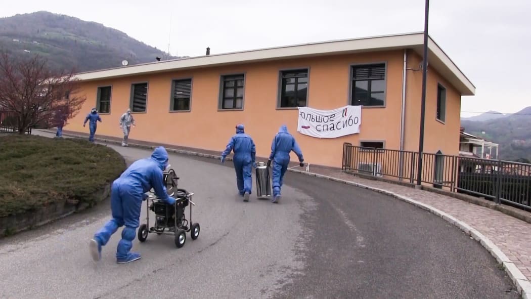 A Russian team arriving at an assisted living facility in Vertova, Italy, to disinfect against the Covid-19 coronavirus.