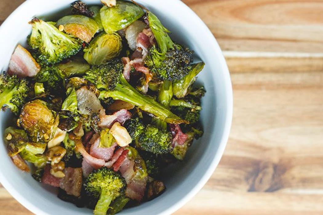 Broccoli and Brussels Sprouts with Bacon and Almonds