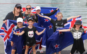 Team New Zealand fans at America's Cup Race Village in Auckland's viaduct