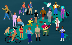 Stylised illustration of different people standing on a map of Aotearoa.