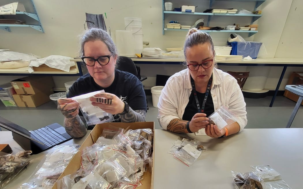 From left: Dr Monica Tromp and Dr Amber Aranui having a look through archaeological animal bones to try and find marine mammal bone.