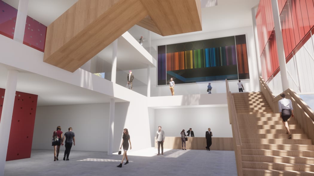An artist's impression of what Ralph Hotere's Founders Theatre mural will look like in the new Waikato Regional Theatre.
