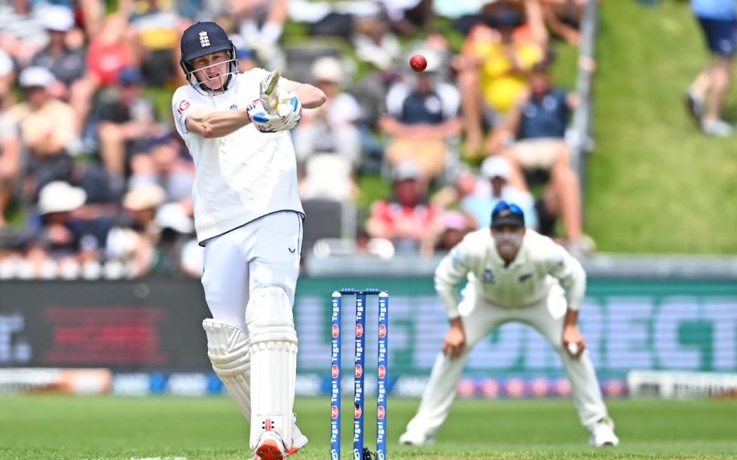 Harry Brook bats on the first day of the second cricket test between New Zealand and England at the Basin Reserve, Wellington.