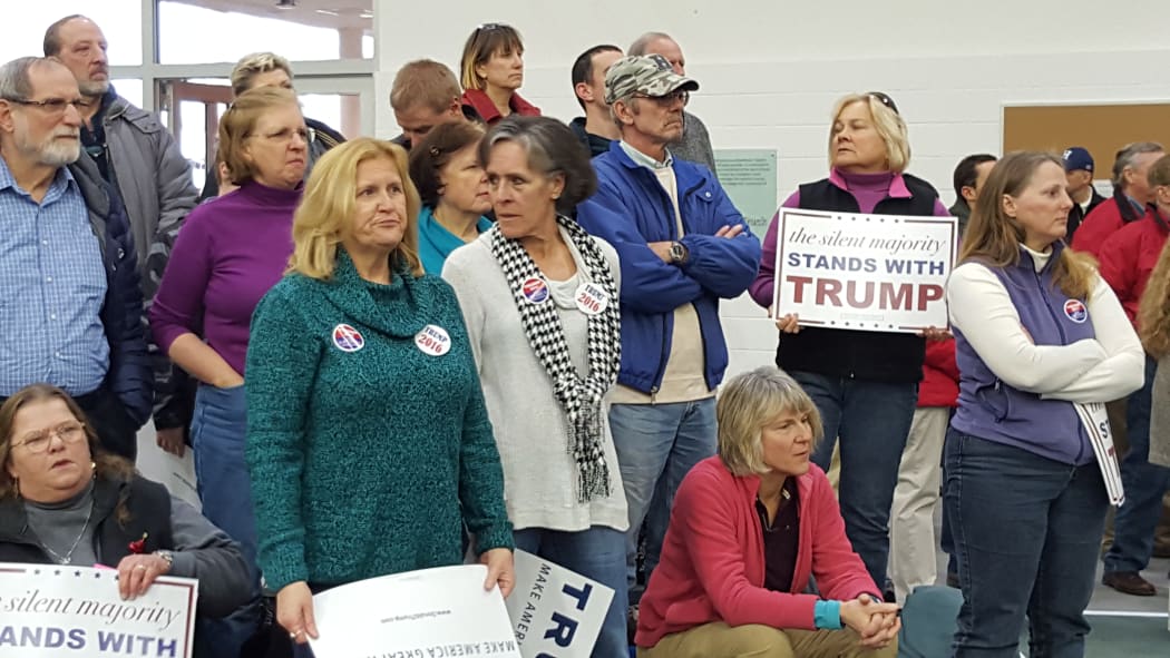 The crowd at Plymouth State University waits for Donald Trump on 7 February 2016.