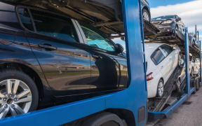 Some cnew cars in a car transport. Truck car carrier