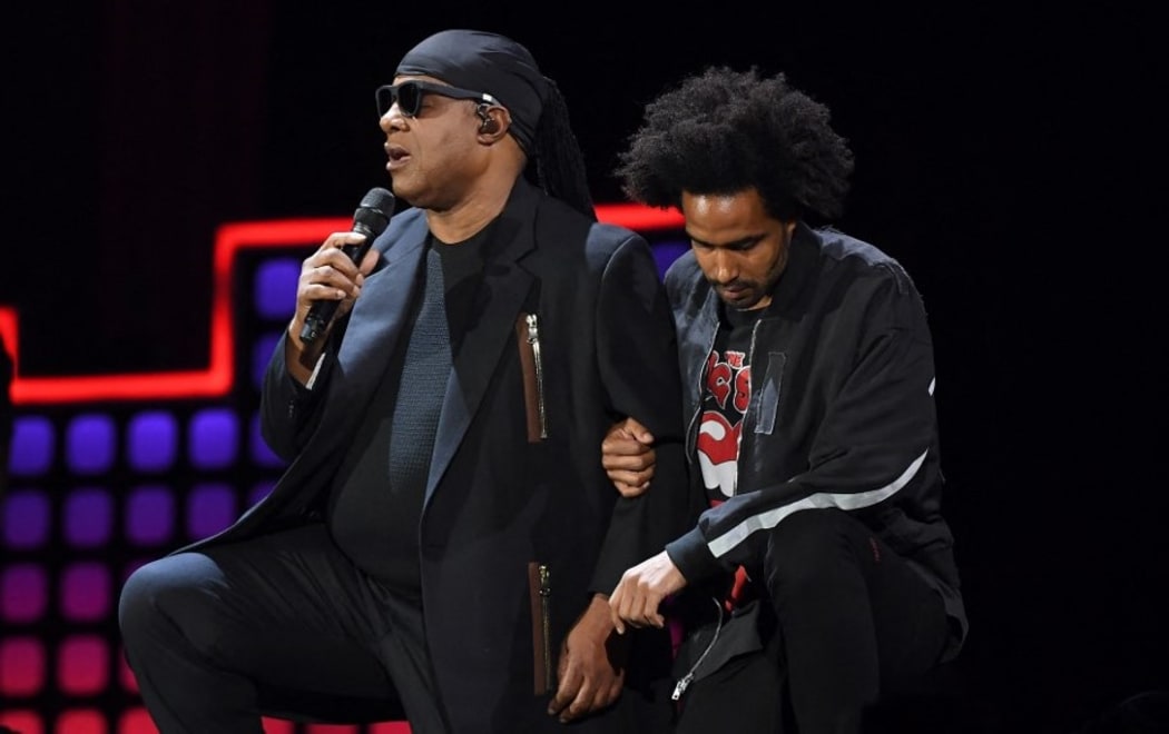 Stevie Wonder and his son Kwame Morris onstage during the 2017 Global Citizen Festival in Central Park to End Extreme Poverty by 2030 at Central Park on September 23, 2017 in New York City.