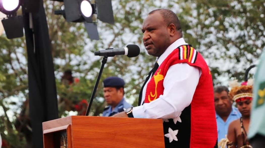 Papua New Guinea's Prime Minister James Marape speaks at a flag-raising ceremony in Port Moresby to mark the 45th anniversary of PNG gaining independence.