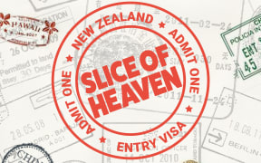 A large red circle with the text 'Slice of Heaven' in the middle to look like a stamp, with further text reading 'New Zealand' 'Admit One' 'Entry Visa' 'Admit One' written around it with stars in between each phrase. Passport stamps for countries appear in text that say 'India', 'Egypt', 'Hawaii', 'China', 'Argentina' are stamped in different colours on a background that looks like a ticket or page in a passport.