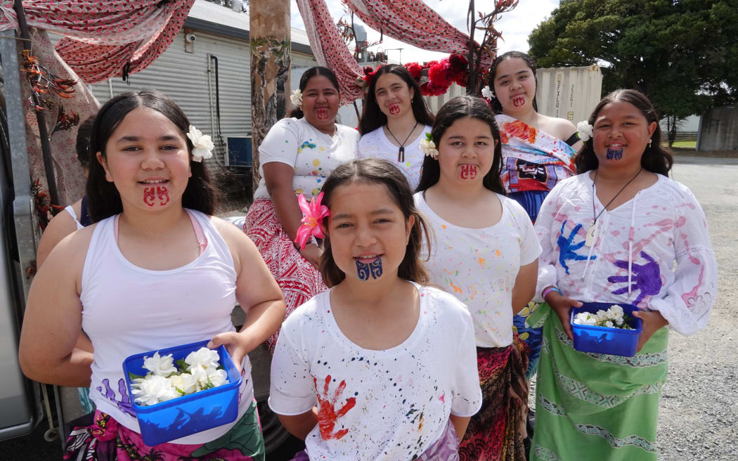 Students from Te Kura o Hato Hōhepa Te Kamura, north of Kāeo, celebrate the summer maiden Hineraumati.