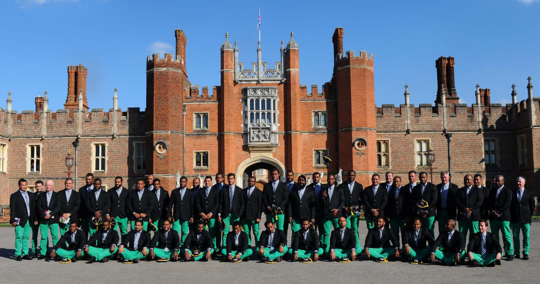 The Fiji team outside Hampton Court Palace in London, following their official Rugby World Cup welcoming ceremony.