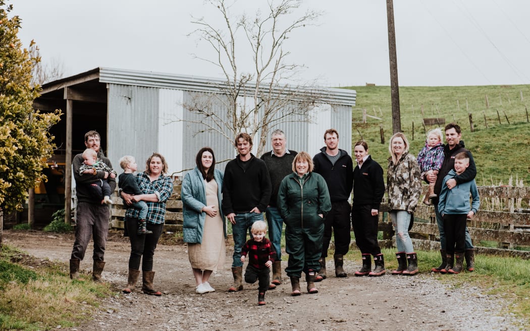 Rosie Cartwright (front centre) is no stranger to hard work. The mother of four and grandmother of seven - soon to be eight - is up at the crack of dawn each day to milk a 500-strong herd of Jersey cows alongside Robert, her husband of forty years.