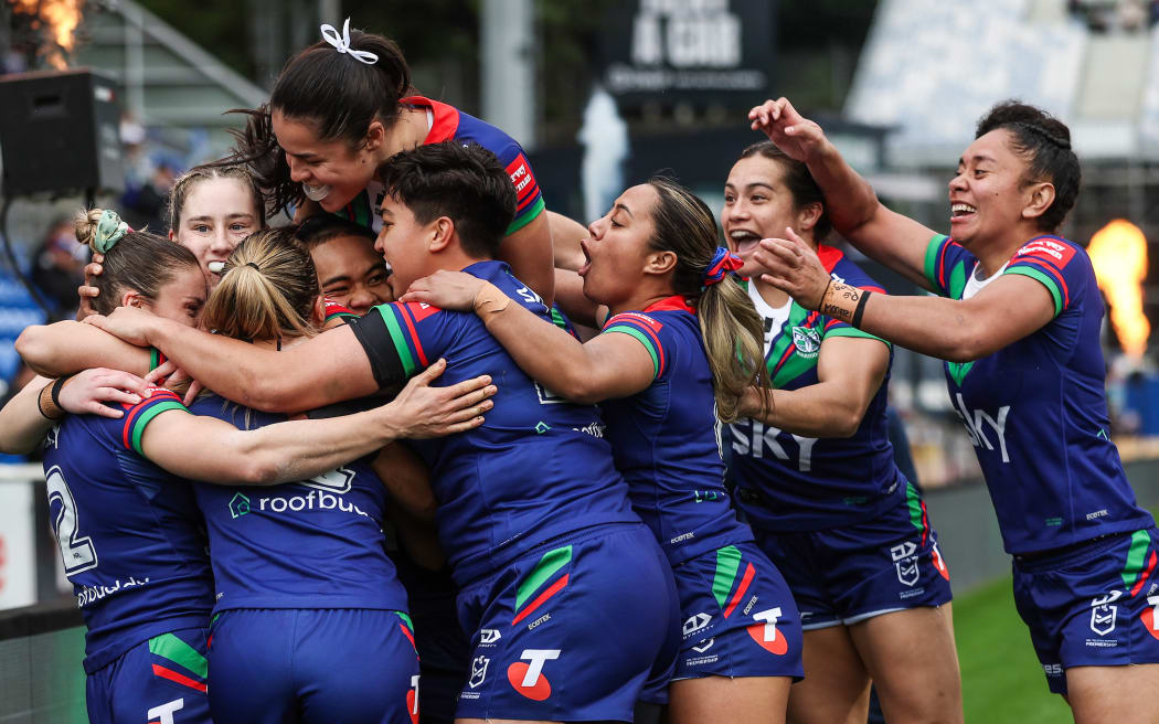 Michaela Brake of the Warriors celebrates her try with team, One New Zealand Warriors Women v Parramatta Eels Women.