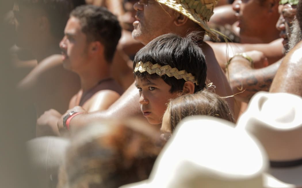 A young tane listens during whaikōrero at Waitangi 5 February 2024.