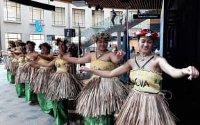 Women perform a traditional dance during the Tuvalu Arts Festival in Auckland on Saturday.