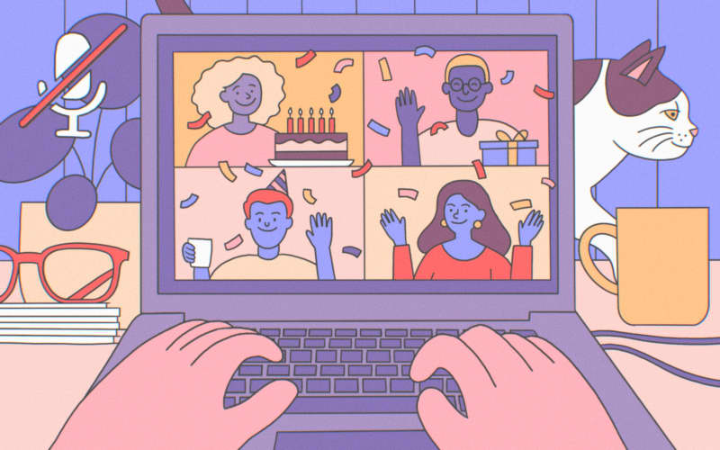 Stylised illustration of laptop and birthday party zoom call