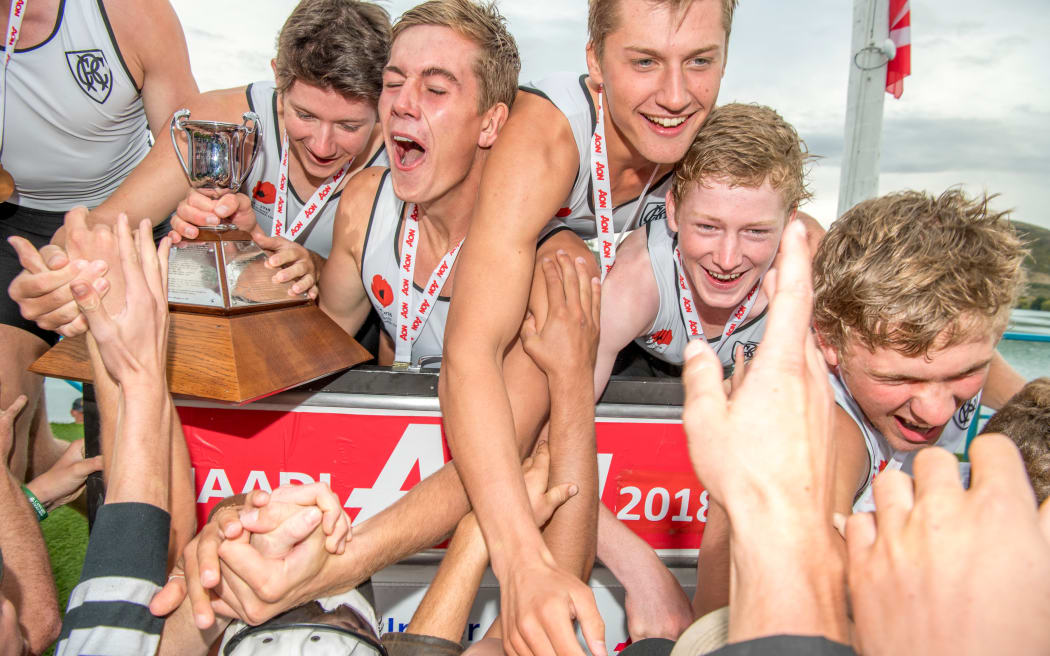 Alex Todhunter (stroke), Max Goodwin, Sam Darry, Jack Elvy, Zac Cran, Will Chaffey, Jamie Batchelor, Sean Swanson + Guy Flynn (cox) Christs College winners of the Maadi Cup 

Saturday finals races at the New Zealand Secondary School Rowing Championships 2018, Lake Ruataniwha, Twizel. Saturday 24th March 2018.  Copyright photo © Steve McArthur / www.photosport.nz