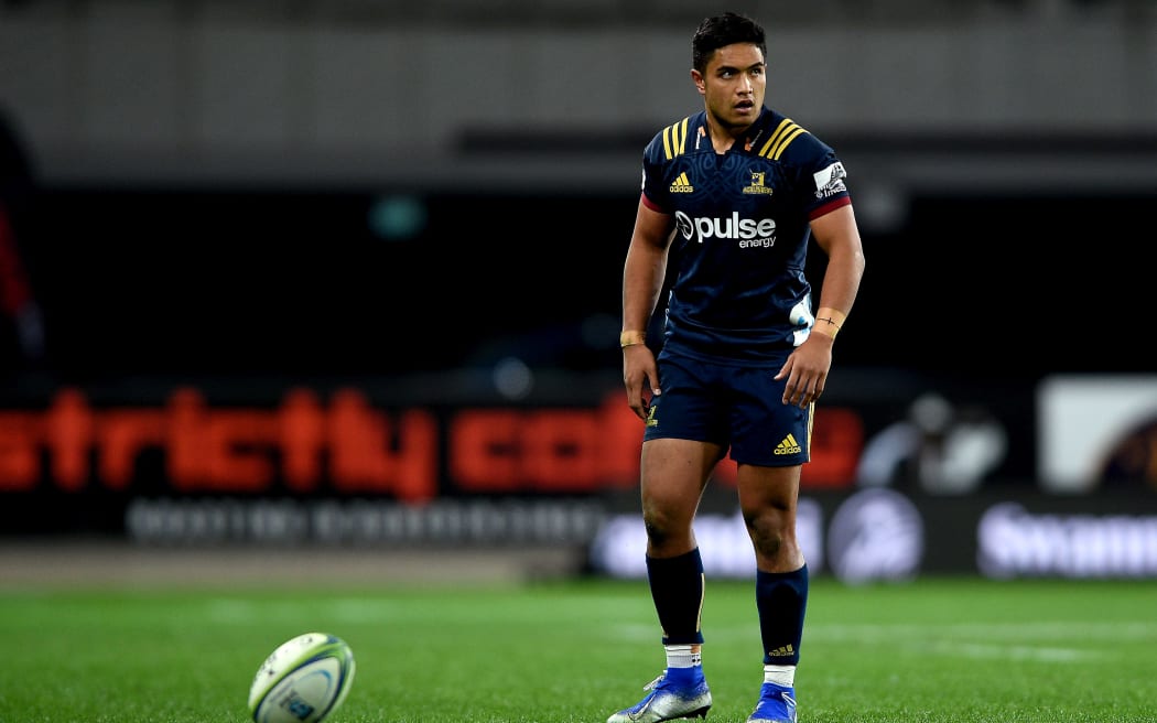 Josh Ioane of the Highlanders, during the Super Rugby match between the Highlanders and the Bulls, held at  Forsyth Barr Stadium, Dunedin, New Zealand. 7 June 2019.