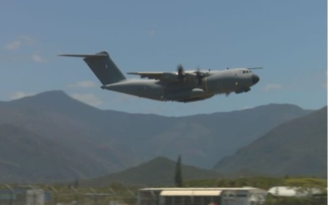 French military carrier plane Airbus A400M, based in  Orléans (France), flies  over Nouméa military air base 186.