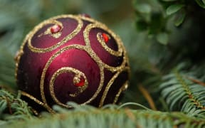 A red and gold Christmas ornament sits on green ferns.