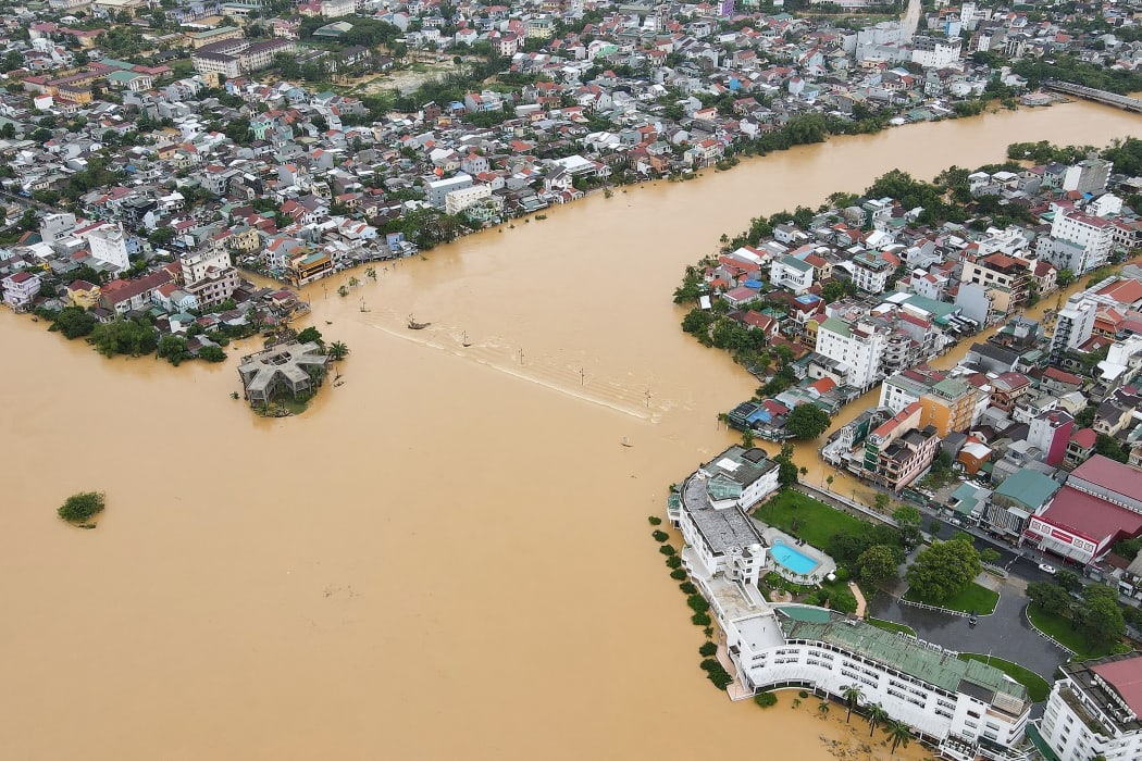 An aerial picture shows Hue city, submerged in floodwaters caused by heavy downpours, in central Vietnam on October 12, 2020.