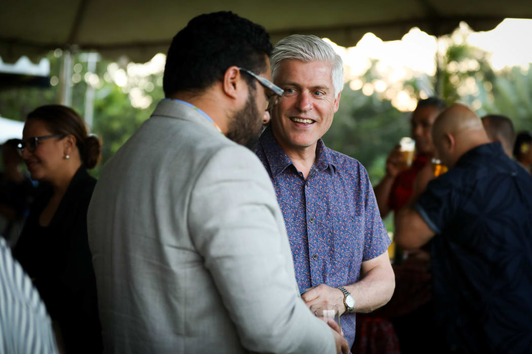 National MP Tim MacIndoe chats with Tonga Parliament's Speaker Lord Fakafanua at the New Zealand Official Residence in Tonga.