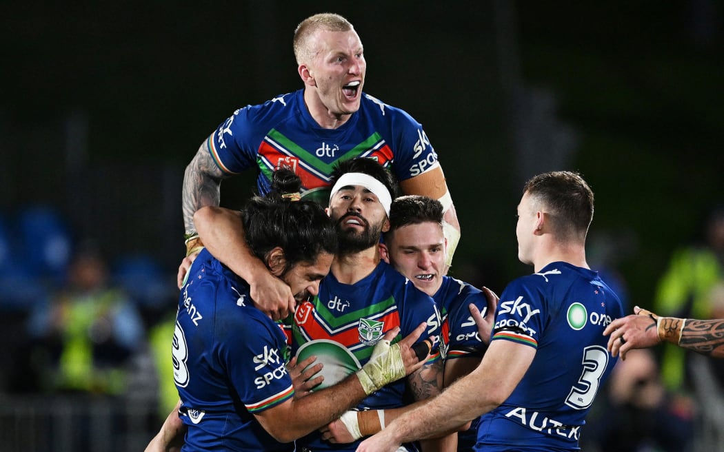 Auckland, New Zealand. 16th Sep, 2023. Addin Fonua-Blake of the Warriors  celebrates a try with team during the NRL Semi-final between the New  Zealand Warriors and the Newcastle Knights at Mt Smart