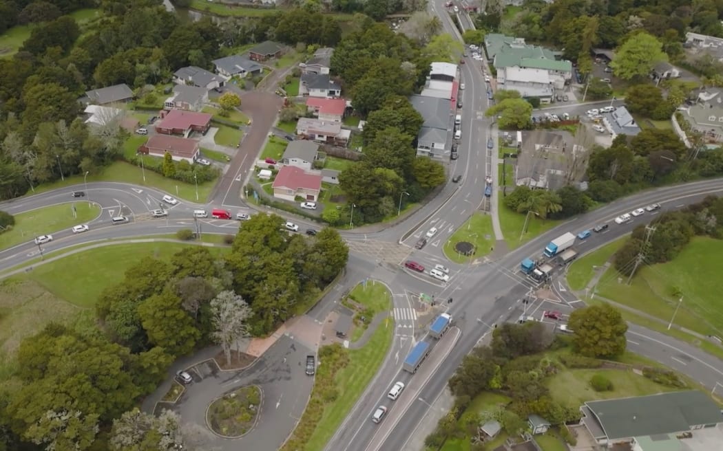 SUP051224HILLST1: Aerial view of Warkworth’s notorious Hill Street intersection. Photo: Supplied/AT