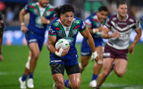 Dallin Watene-Zelezniak of the Warriors heads for the try line. New Zealand Warriors v Manly Warringah Sea Eagles, round 6 of the 2024 Telstra NRL Premiership at Go Media Stadium, Mt Smart, Auckland, New Zealand on Saturday 13 April 2024. Photo by Andrew Cornaga / www.photosport.nz