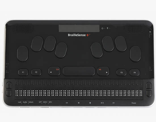 The Braille Sense 6 is a portable keyboard-like device that includes pin characters on the bottom row and navigation buttons.