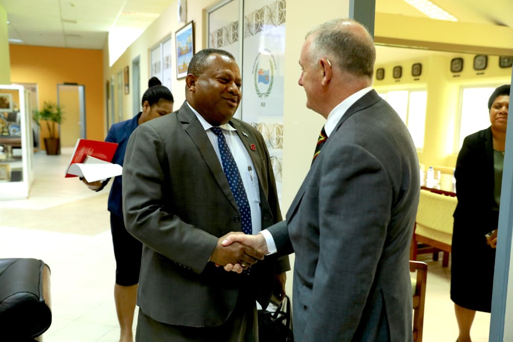 Leader of Fiji's Government and Minister of Foreign Affairs Inia Seruiratu meets New Zealand's Speaker Trevor Mallard