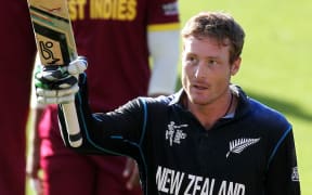 Martin Guptill salutes the Wellington Stadium crowd after bringing up his double century.