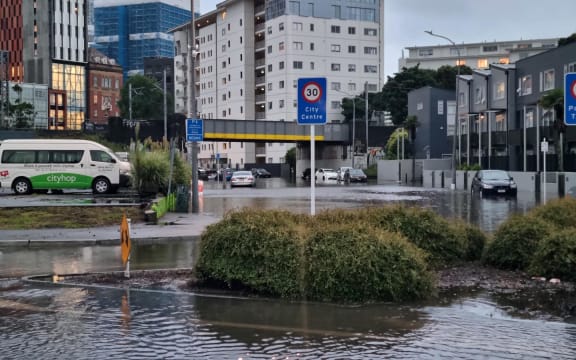 Water pooling on the road in Parnell on Wednesday morning.