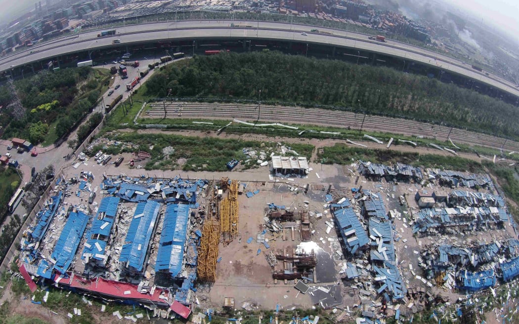 An aerial view of the explosion site in Binhai New Area of Tianjin, north China.