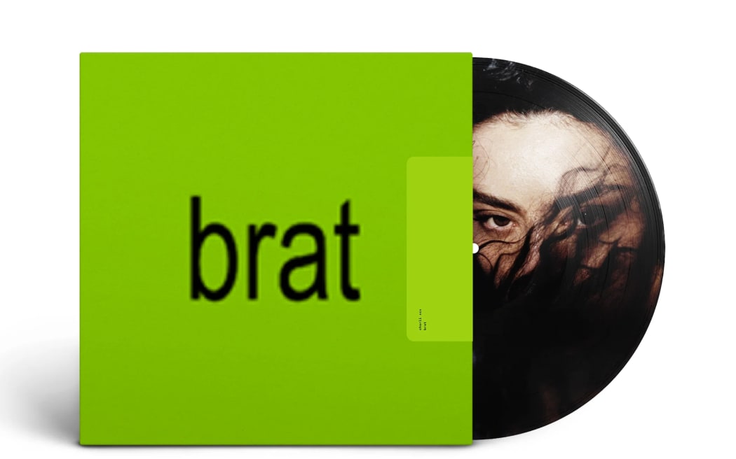 The album cover for brat is the word brat in a standard Ariel font on a lime green background.