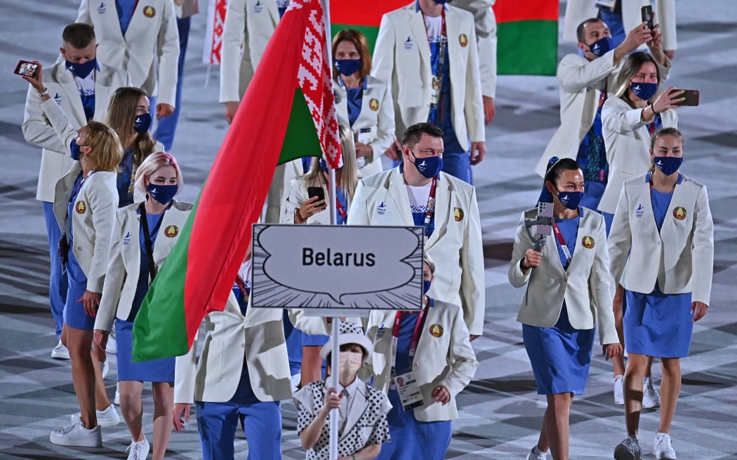 Belarus' delegation parade during the opening ceremony of the Tokyo 2020 Olympic Games, at the Olympic Stadium, in Tokyo, on July 23, 2021. (Photo by Ben STANSALL / AFP)