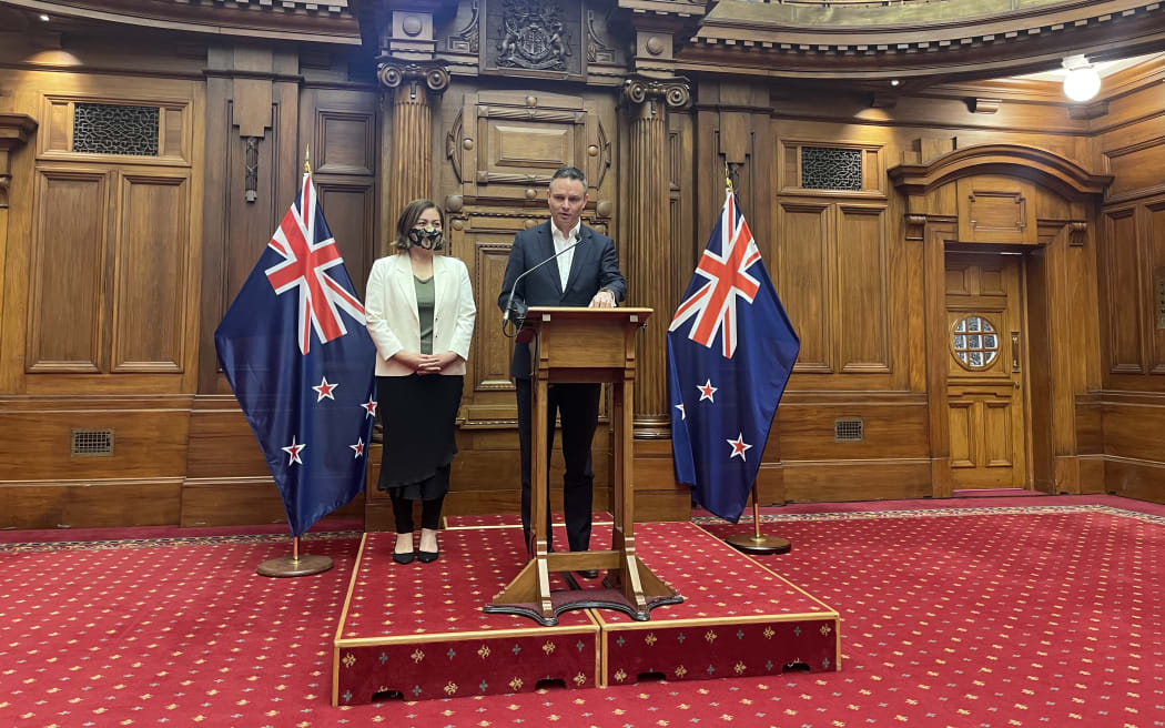 Green Party co-leaders James Shaw and Marama Davidson, as Shaw announces he has been re-elected for his position after  a quarter of delegates at the party's annual general meeting voted to reopen the position for nominations.