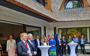 Welcome for PM Chris Hipkins and and Agriculture Minister Damien O'Connor at NZ Embassy in Brussels, Belgium on 9 July, 2023.