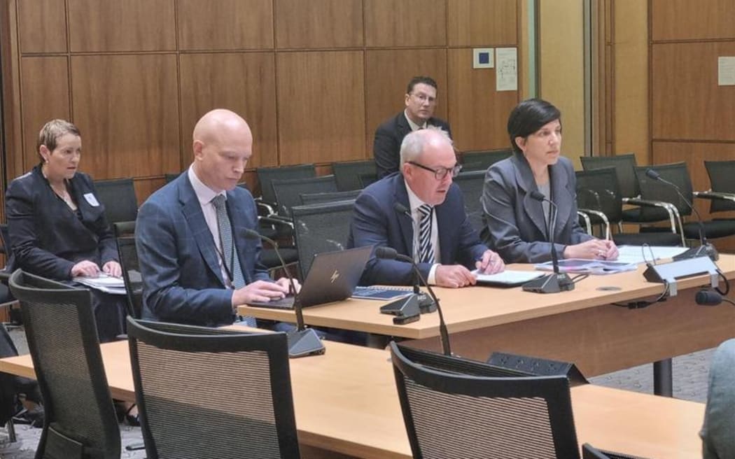 Social investment top brass fronting Parliament's Social Services and Community committee. From L-R: Joe Fowler, deputy chief executive, Investment and Commissioning.  Alistair Mason, acting Secretary for Social Investment, Aphra Green, deputy chief executive, System Performance and Investment Advice
